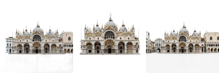 Fototapeta premium St. Mark’s Basilica Venice Italy isolated on white background, iconic Byzantine church landmark, Basilica di San Marco Venezia, Piazza San Marco cathedral architecture cutout PNG, white floor, no shad