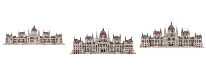 Obraz premium Hungarian Parliament Building Budapest isolated on white background, iconic government landmark on Danube River, Országház, Budapest neo-Gothic architecture cutout PNG, white floor, no shadow