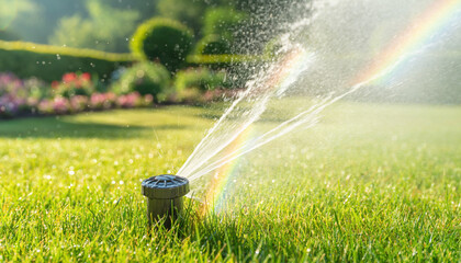 Naklejka premium Sprinkler watering green lawn creating rainbow effect