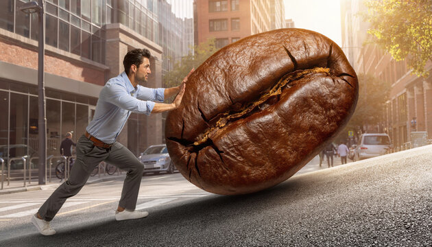 Man pushing giant coffee bean up city street