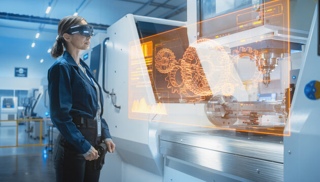Engineer wearing ar headset visualizing digital twin on cnc machine