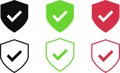 Shield Security Check Mark Icons Set – Protection Verification Symbol Collection in Black, Green and Red © Saji