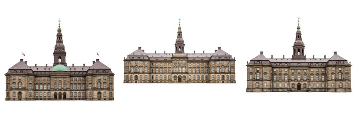Fototapeta premium Christiansborg Palace Copenhagen Denmark isolated on white background, historic royal and government palace landmark, Christiansborg Slot København, Danish architecture cutout PNG, white floor, no sha