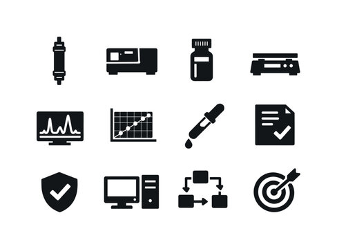 Analytical chemistry. Solid icon set of Analytical chemistry: chromatography column, spectrometer, sample vial, precision scale, data graph,