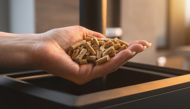 Hand holding wood pellets for eco-friendly heating concept