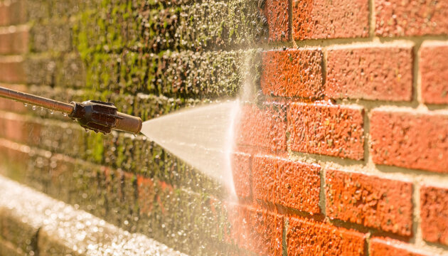 Power washing brick wall removing moss and dirt