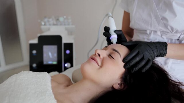 Woman lying on couch getting cosmetic aesthetic procedure. Specialist applying serum using hydrafacial device on skin