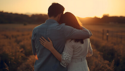 A loving couple embracing in a serene field at sunset