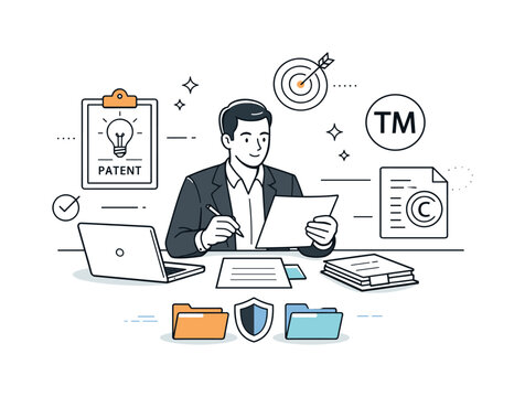 Navigating intellectual property in business. A business professional reviewing documents with patent, trademark and copyright icons, calm