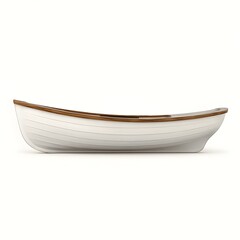 Fototapeta premium Minimalist White Wooden Rowboat with Brown Trim - Empty Small Boat Side View Isolated on White