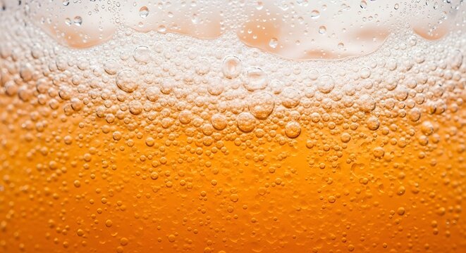 Macro shot of beer with foam and bubbles. Close-up view of golden beer showing effervescence and frothy head