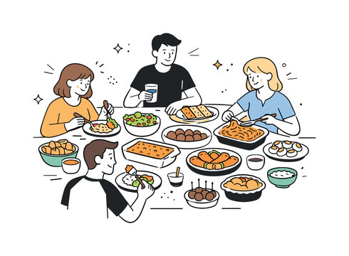 Casual potluck dinner overview. Warm editorial scene of friends or family gathered around a table filled with homemade dishes, each plate