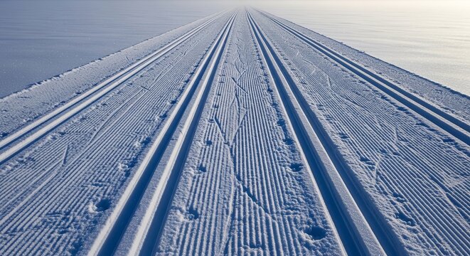 winter biathlon scene, overhead view of freshly laid cross-country ski tracks in deep white snow with parallel rifle sling marks beside, soft cold blue twilight light creating subtle sparkle 