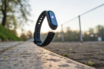 Close up of a modern smartwatch fitness tracker on a concrete surface with blurred park background during sunset