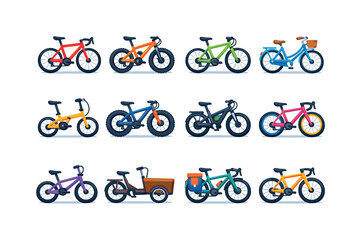 Bike Icons Collection. Types of bikes. Colorful flat vector icons set of types of bikes: road bike, mountain bike, hybrid bike, city bike, folding bike, fat