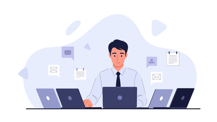 Man working with multiple laptops, multitasking and digital communication concept