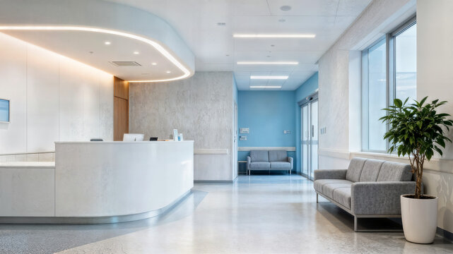 Modern hospital reception area with soft lighting and clean design white curved desk and gray couch