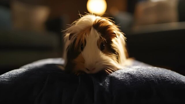 Cute Guinea Pig Resting on a Dark Surface in Soft Light.