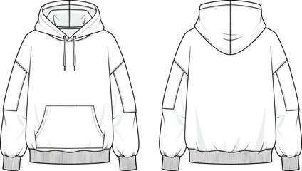 Oversized Drop Shoulder Hoodie Technical Flat Fashion Sketch Vector Illustration with Front and Back View for Streetwear Clothing Design CAD © Shihab Creative
