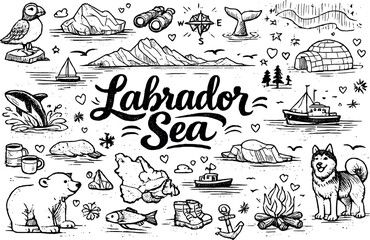 Scenic Labrador Sea view, hand drawn doodle elements set, center hand-lettered title, black & white vector line art, bold clean