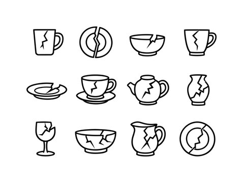 Broken Kitchenware. Line icon set of Broken Kitchenware: cracked mug, broken plate, chipped bowl, fractured cup, damaged saucer, cracked