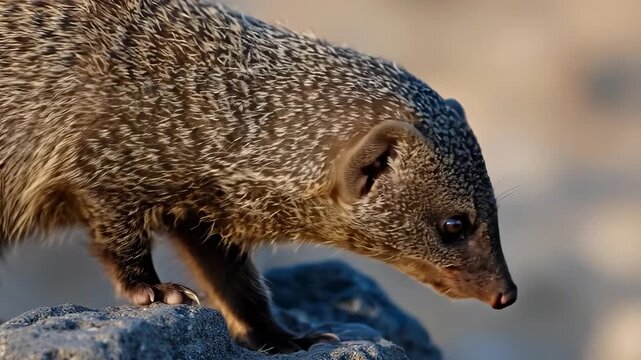 Close-up of a curious mongoose on a rock, observing its surroundings.