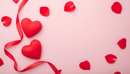 A romantic pink background with red hearts and rose petals