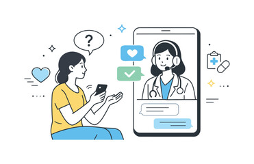 Health technology. Character consulting a virtual medical assistant represented by a friendly interface. Accessible support and reassurance