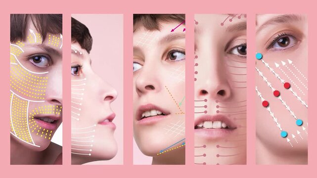 2D animation. Young female with clean fresh skin. Beautiful woman. Female face and neck. Portrait of young caucasian woman at studio isolated on pastel. Lifting by gold thread concept