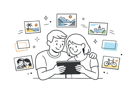 Photo memories. A couple reviewing photos on a tablet, reminiscing about a trip while small   thumbnails and abstract frames hover