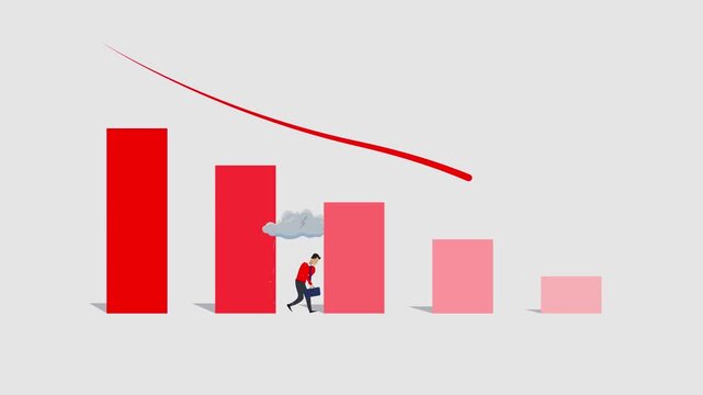 Against the background of the red graph, which is going down, there is an upset manager