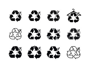 Fototapeta premium Circular economy in fashion. Icon set. Set Logo of Circular economy in fashion: stitched recycling symbol. harmonious logo variations of the