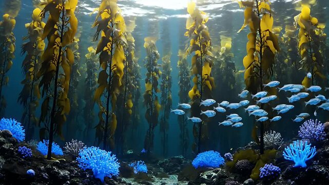 Underwater Scene with Fish and Seaweed.
