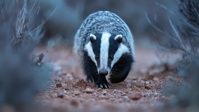 Badger in the wild, walking towards the camera in the forest.