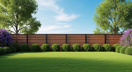 Obraz premium Modern wood fence separates backyard lawn. Green trees rise above private garden barrier. Round trimmed bushes, purple lavender plants line property edge. Sunny day provides calm outdoor atmosphere.