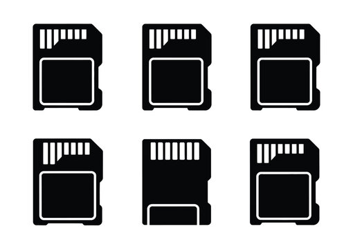 Six vector sd card icons in black and white on a clean background
