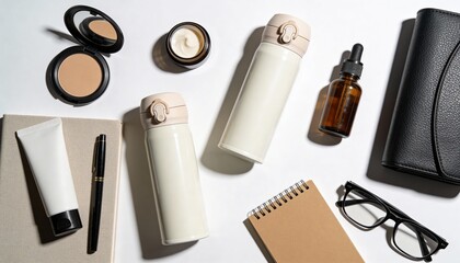 Obraz premium Stylish Cosmetic Products and Accessories on Minimalist Background