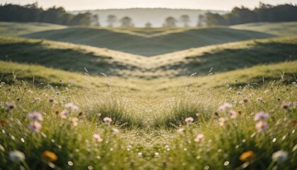 Obraz premium Serene Meadow Landscape Under Soft Morning Light with Flowers
