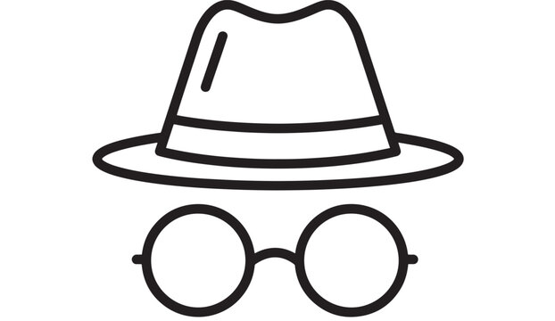 Spy icon with fedora hat and round glasses, simple black line silhouette on white background, anonymous detective disguise symbol for privacy and incognito mode