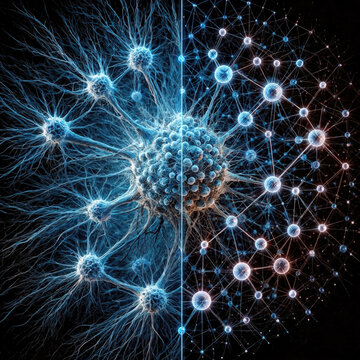 Comparaison visuelle entre r&eacute;seau neuronal biologique et r&eacute;seau d&rsquo;intelligence artificielle