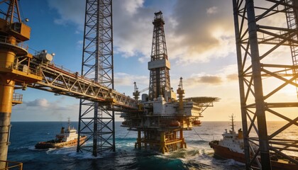 Obraz premium Sunset Over Oil Rig with Supply Ships at Offshore Location