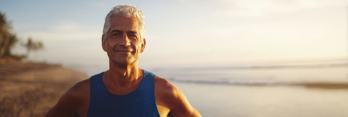 Elderly caucasian male enjoying a beach at sunset