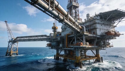 Offshore Oil Platform with Pipelines in Ocean Landscape under Blue Sky