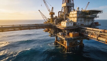 Offshore Oil Rig at Sunrise with Machinery and Ocean Background