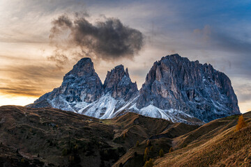Obraz premium Mountain pass Passo Sella in the Dolomites at sunset. South Tyrol, Italy.
