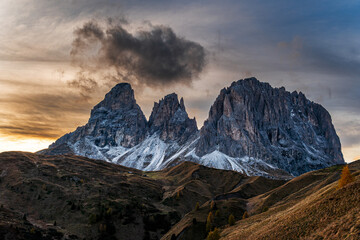 Fototapeta premium Mountain pass Passo Sella in the Dolomites at sunset. South Tyrol, Italy.