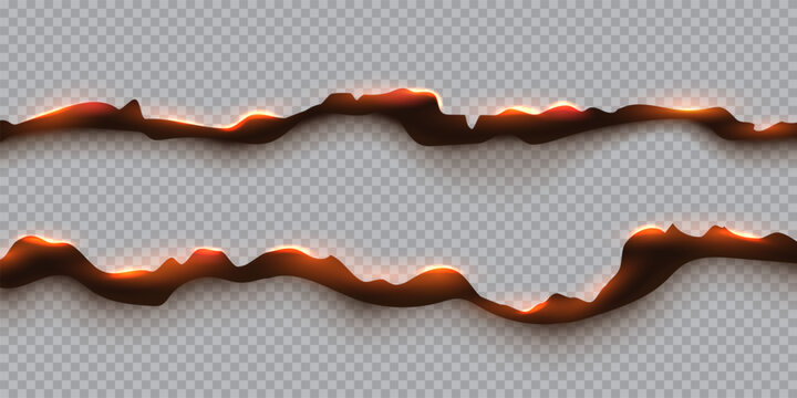 Paper burn fire background with torn edge and glowing embers. Paper fire effect on transparent backdrop, dark charred texture, orange heat glow. Realistic burning vector illustration.