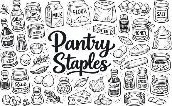 Home cooking pantry staples, hand drawn doodle elements set, center hand-lettered title, black & white vector line art, bold