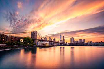 Brooklyn Bridge at sunset viewed from Brooklyn Bridge park