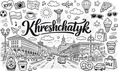 Fototapeta premium Scenic Khreshchatyk view, hand drawn doodle elements set, center hand-lettered title, black & white vector line art, bold clean
